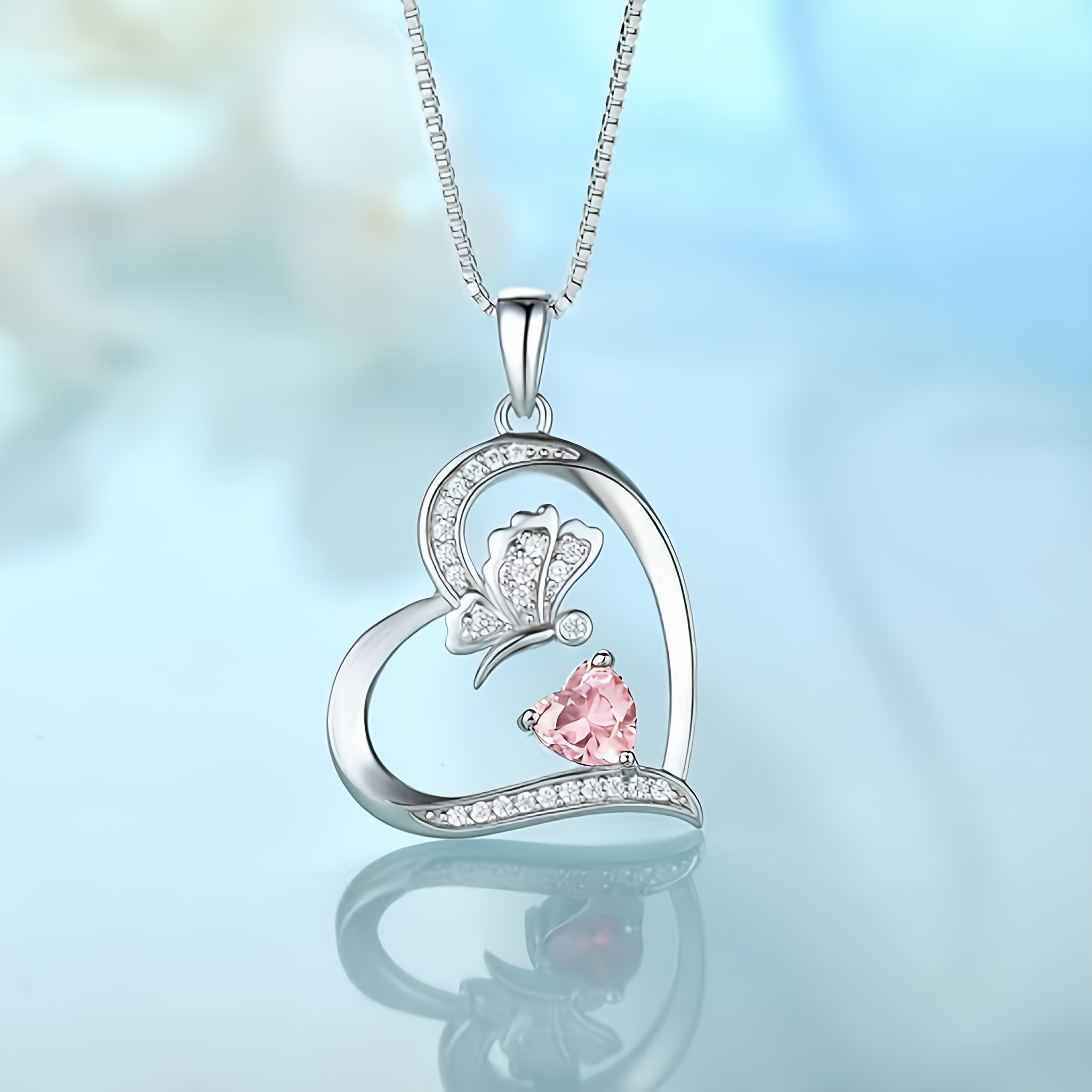 S925 Silver Hollow Heart Butterfly Pendant Necklace